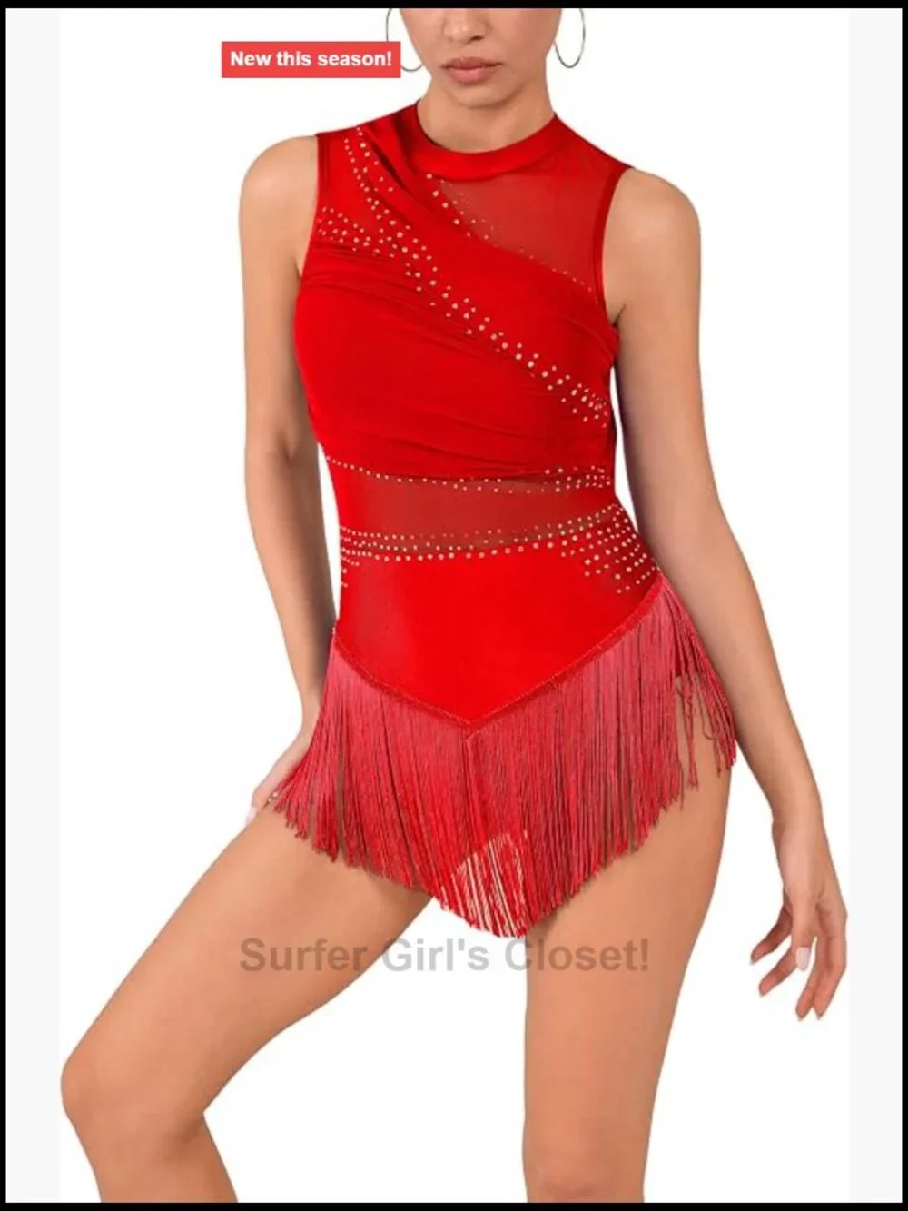 Rhinestone Fringe Latin Dance Bodysuit Halter Leotard